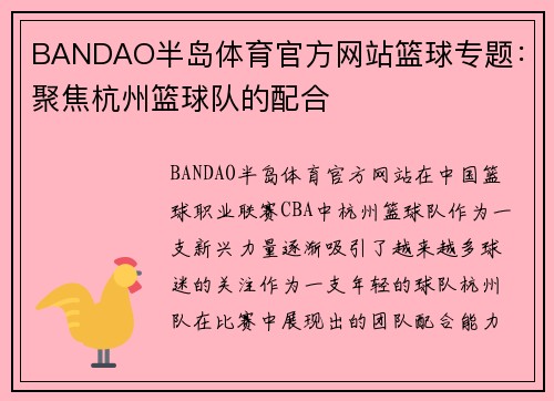 BANDAO半岛体育官方网站篮球专题：聚焦杭州篮球队的配合