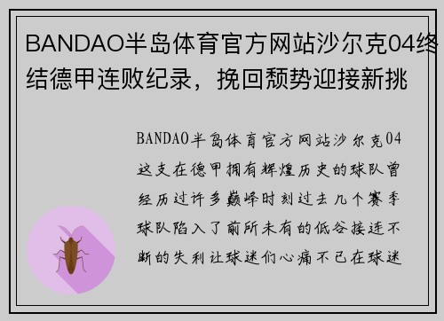 BANDAO半岛体育官方网站沙尔克04终结德甲连败纪录，挽回颓势迎接新挑战