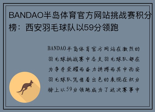 BANDAO半岛体育官方网站挑战赛积分榜：西安羽毛球队以59分领跑